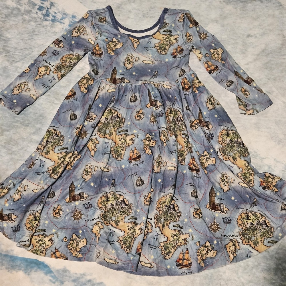 Little Crowns & Capes Neverland Map Bamboo Twirl Dress Girls Size 5/6 Pockets